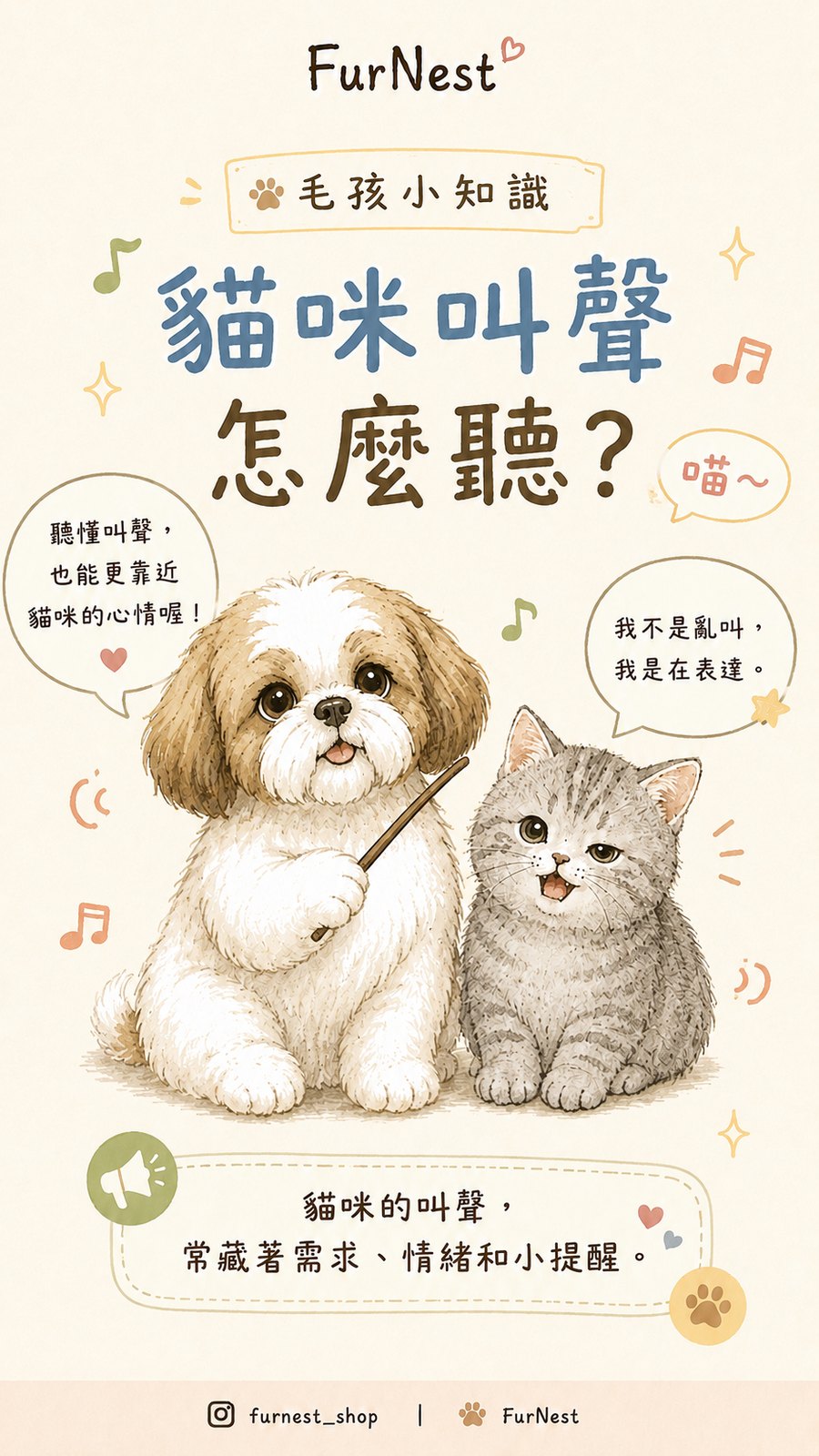 貓咪叫聲變化小知識插圖，說明如何從叫聲理解貓咪情緒與日常需求 第 1 張